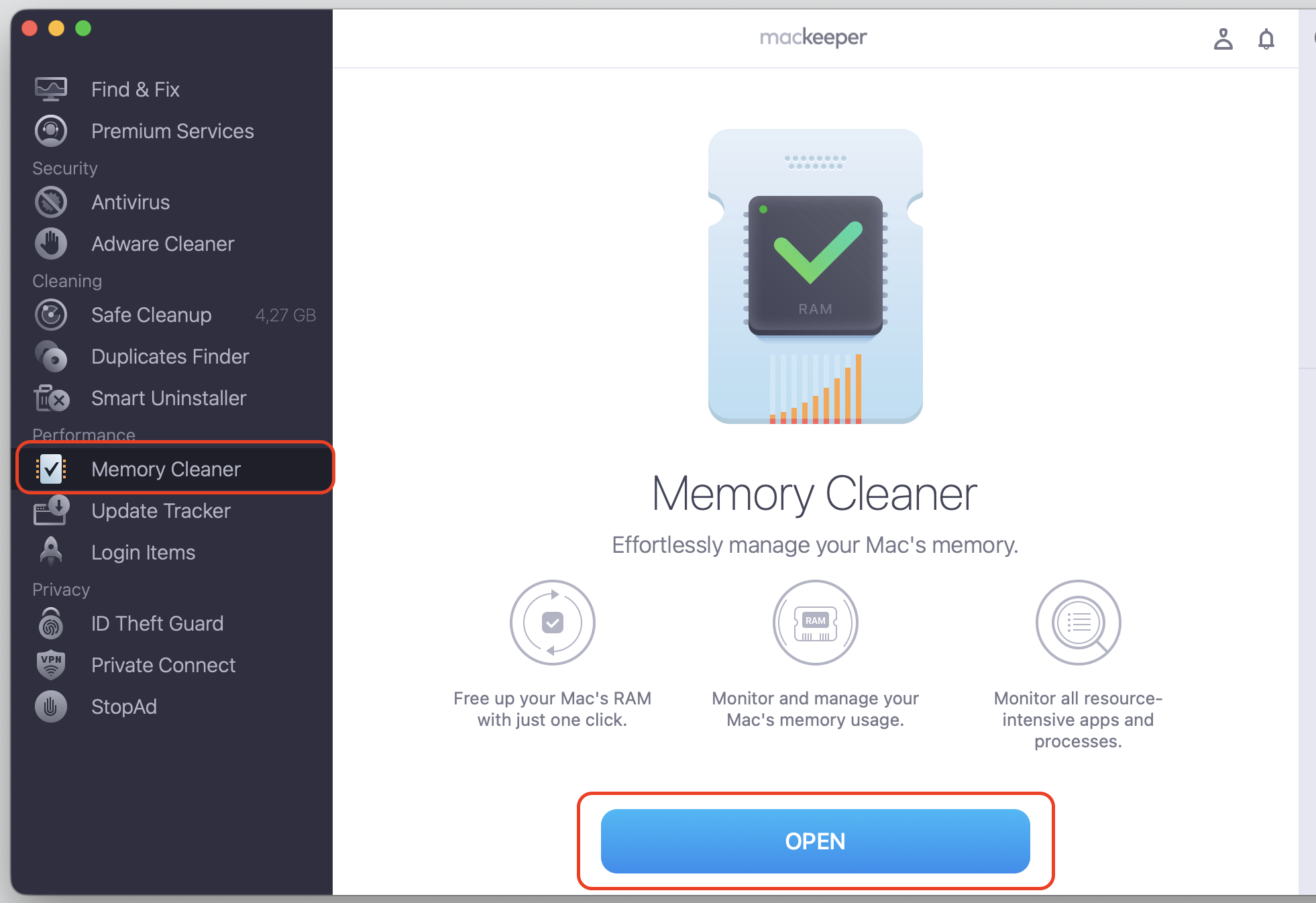 MacKeeper's Memory Cleaner screen on macOS showing the Open button, the first step to ease codesign high CPU usage on your Apple computer.