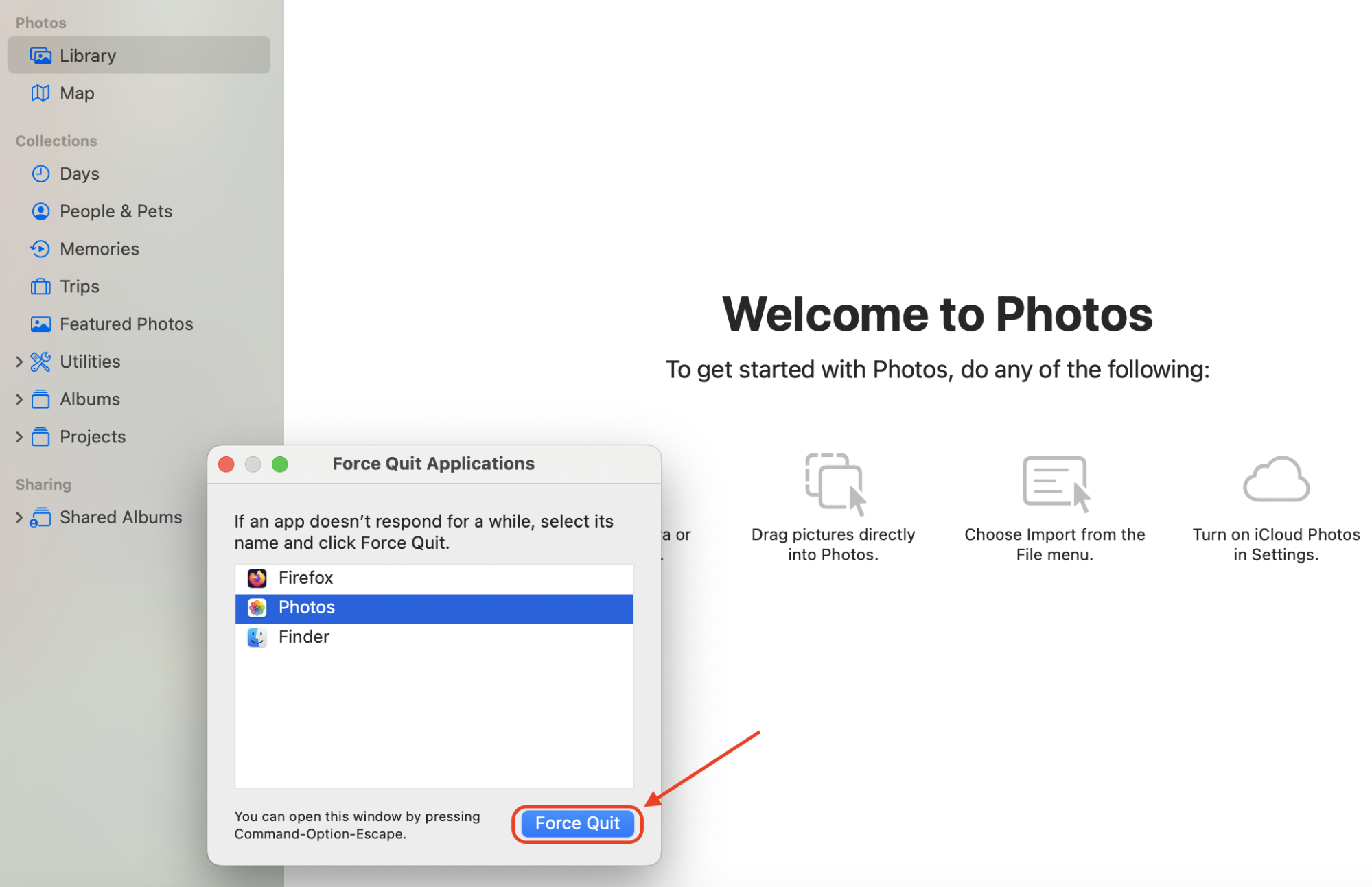 Select the Photos app from the list and click Force Quit to close it completely and resolve temporary syncing issues.