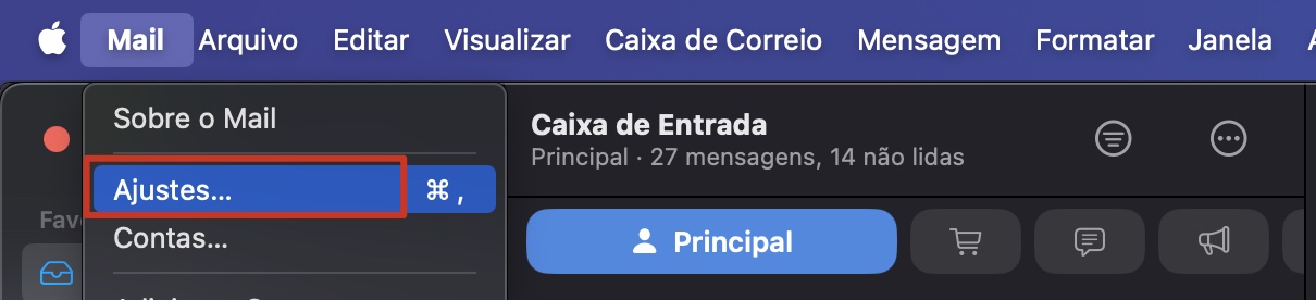 O menu Mail no aplicativo Mail da Apple com Ajustes em destaque. Como excluir o cache do Mail no Mac: reduzir o espaço utilizado pelo Mail.