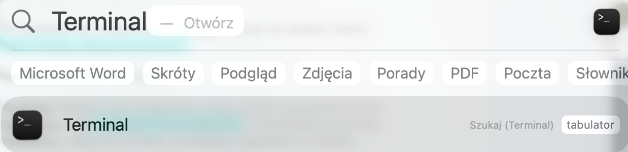Przejdź do Spotlight i wpisz Terminal. Aplikacja pojawi się jako jeden z pierwszych wyników. Kliknij ją, aby usunąć migawki Time Machine.