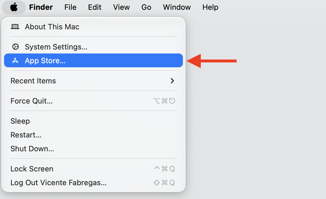 The Apple menu open on an iMac with App Store highlighted to download a fresh OneDrive after removing the damaged, unopenable app on Mac.