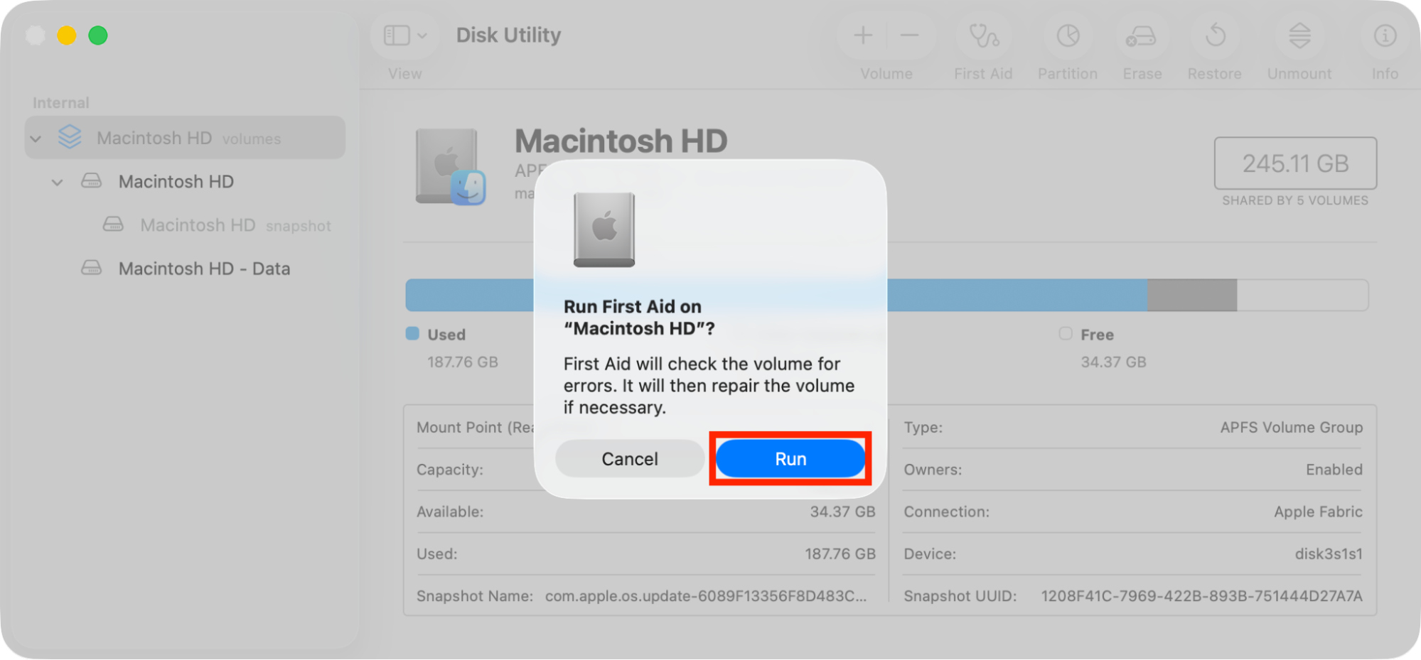 A confirmation prompt for First Aid inside Disk Utility on Mac. If you're looking at how to fix corrupted files on Mac, run First Aid in Disk Utility to address drive errors.