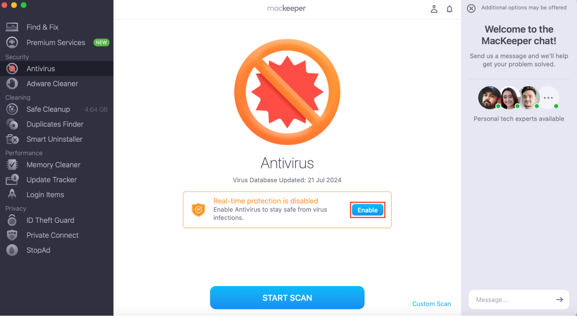 MacKeeper’s Antivirus, with real-time protection disabled. Enable is highlighted.