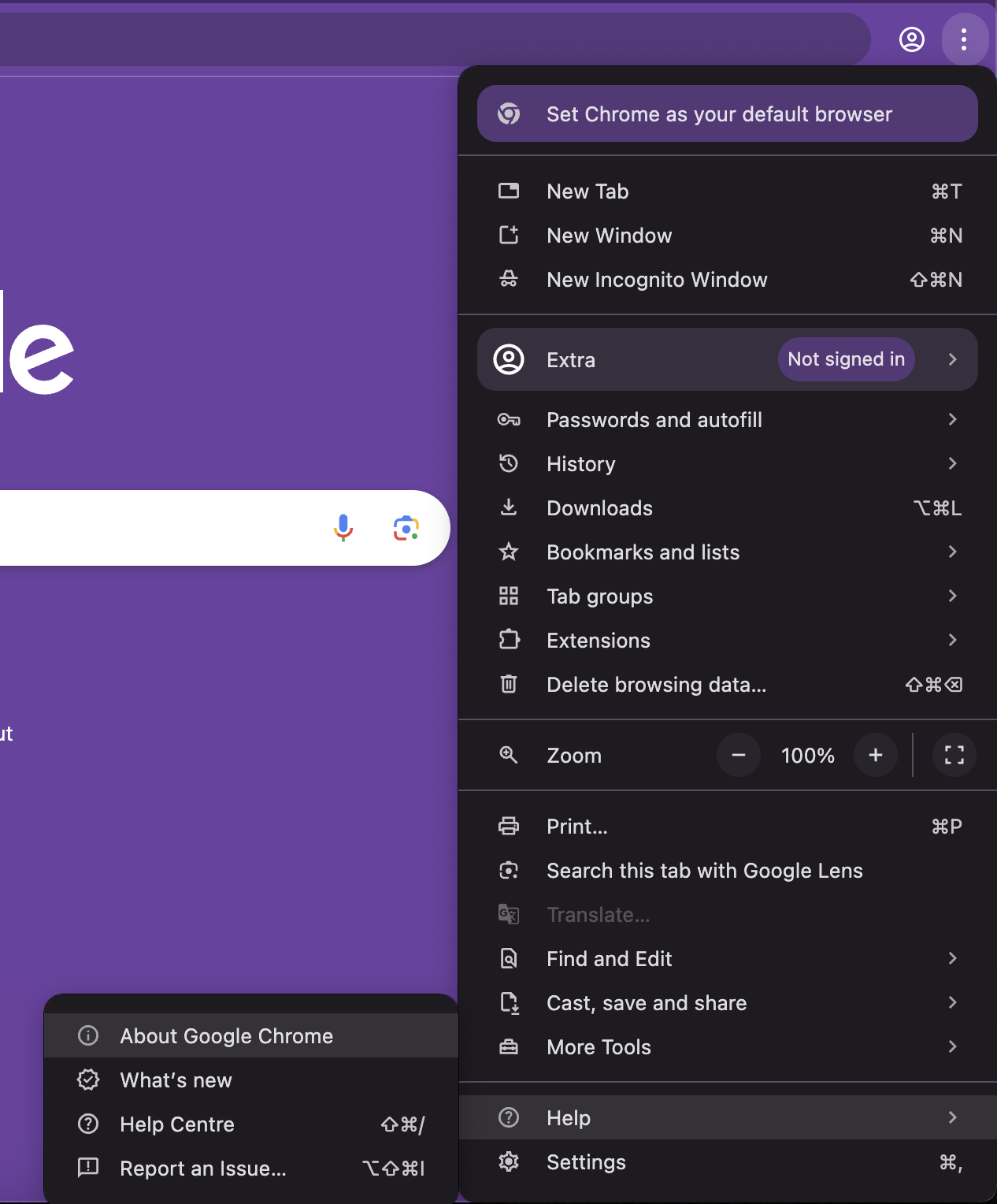 Google Chrome's three-dot menu opened on macOS with Help highlighted to reach About Google Chrome and update the browser on an Apple computer.