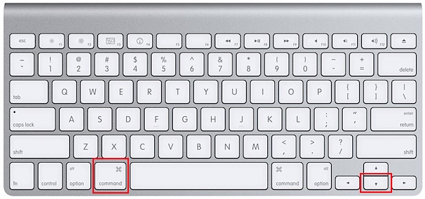 Apple keyboard with the Command key and Down arrow highlighted, the App Switcher shortcut that fans out an app's windows via App Exposé on macOS.