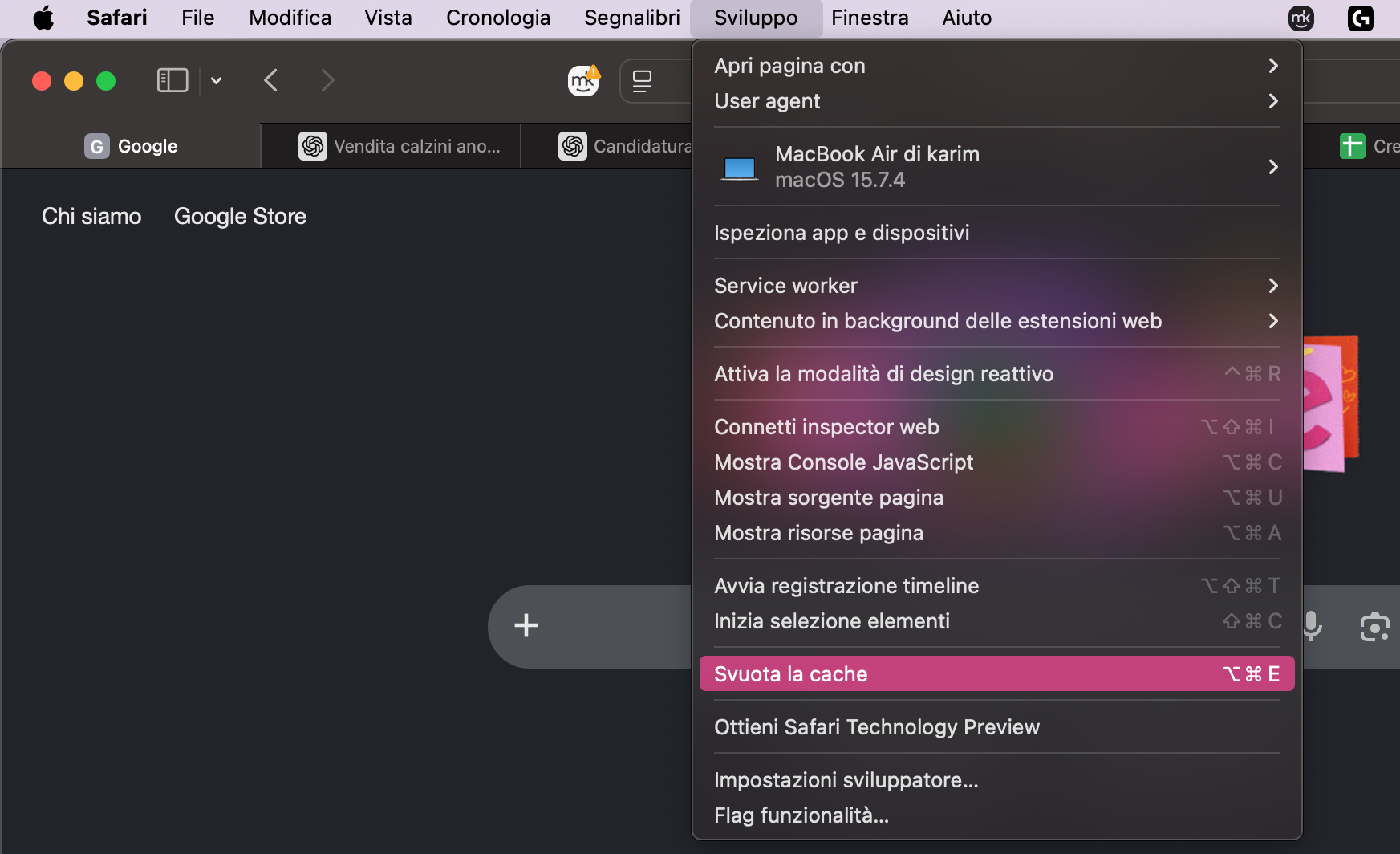 Safari, con il menu Sviluppo aperto e Svuota la cache evidenziato. Come cancellare e reimpostare Safari, come parte di una guida su come bloccare i falsi pop-up McAfee su Mac.