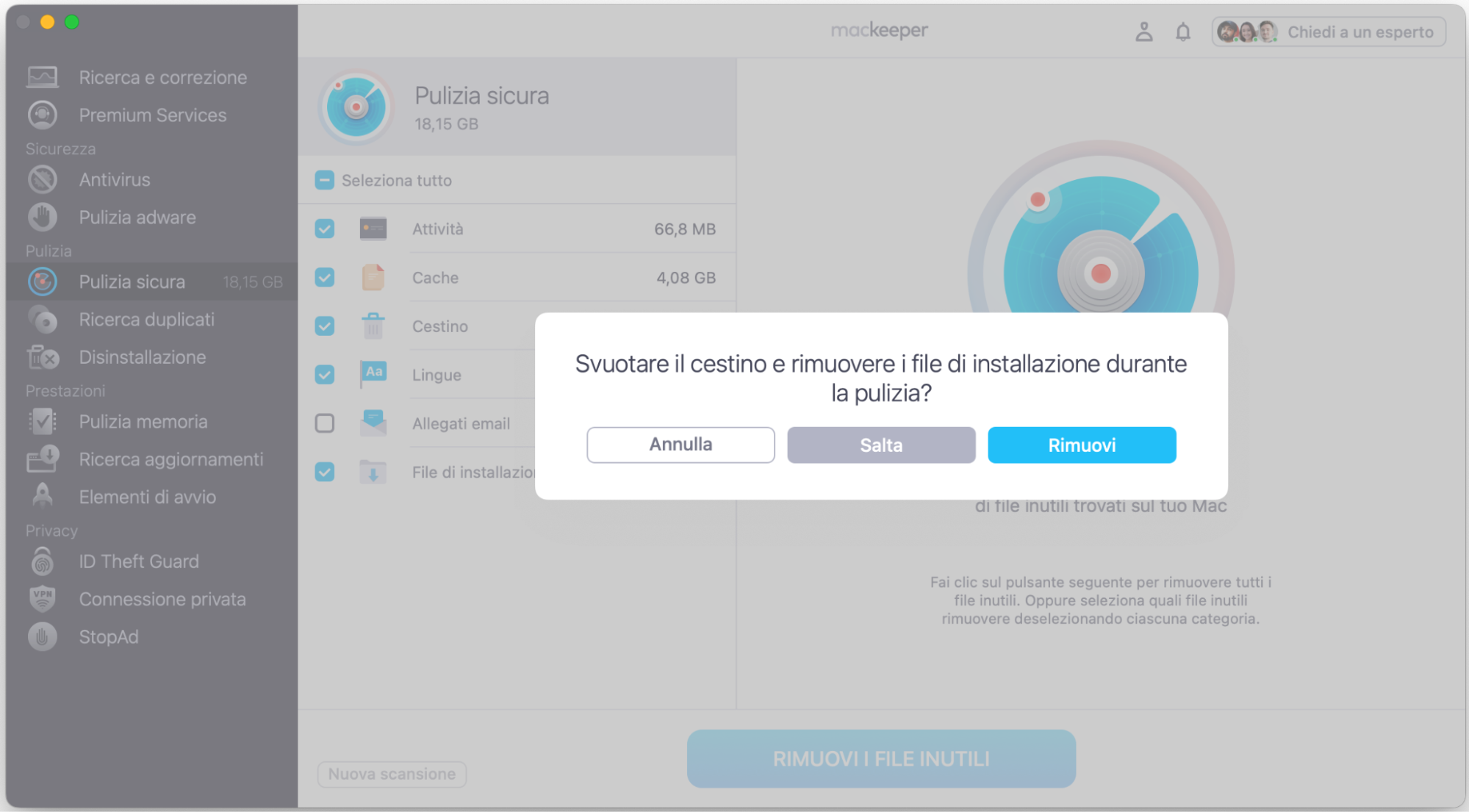 Infine, scegli se vuoi svuotare anche il Cestino oppure saltare questo passaggio e pulire solo i file inutili che hai già selezionato.