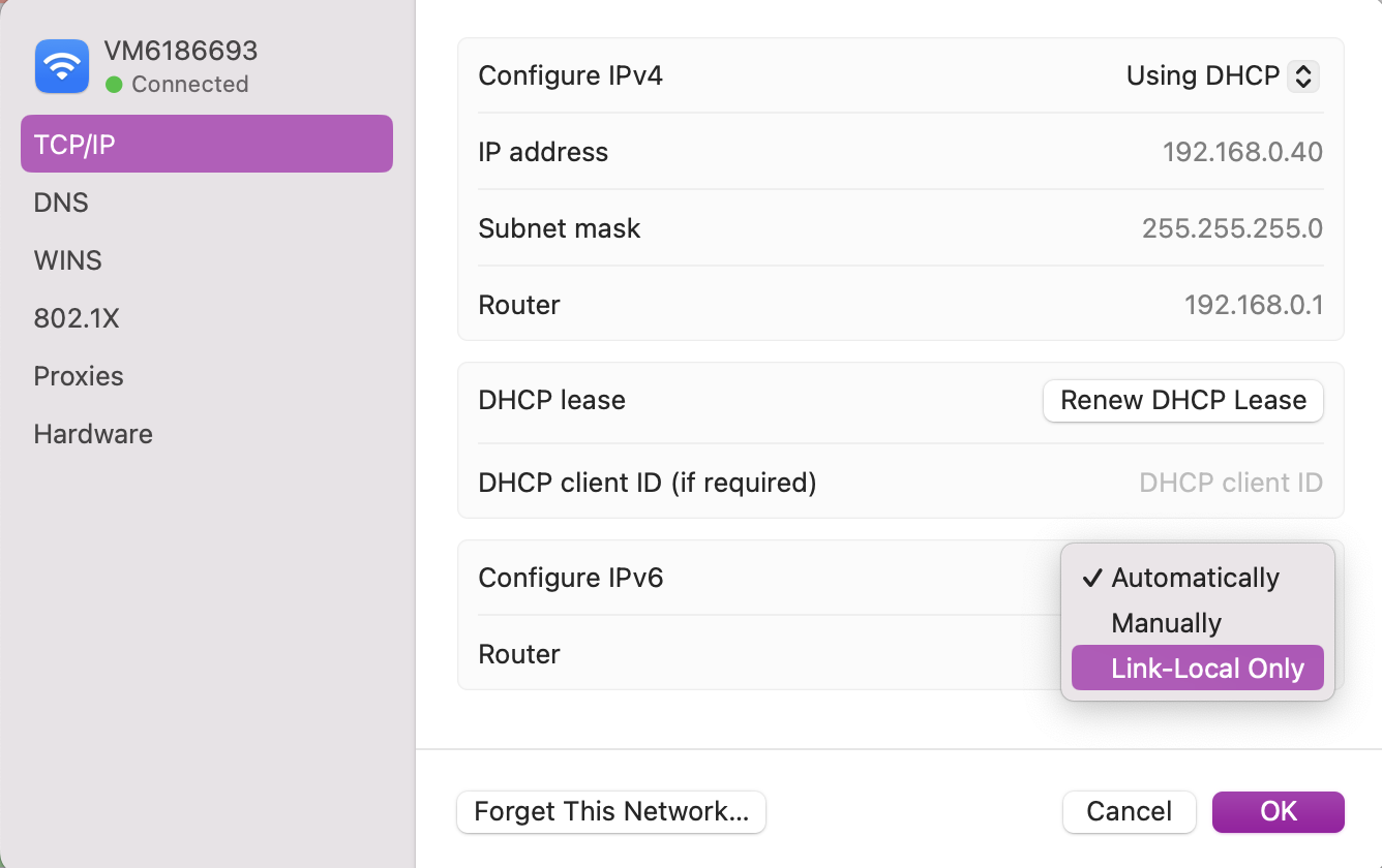 To alter your TCI/IP so you can disable IPv6, go to your Network Settings. Then click on TCP/IP. Next to Configure IPv6, select Link-Local Only and then click OK.