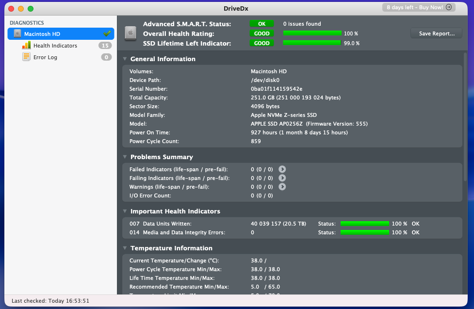 DriveDx S.M.A.R.T. monitoring window on an Apple laptop, showing a Good health rating for Macintosh HD to spot early signs of drive failure.