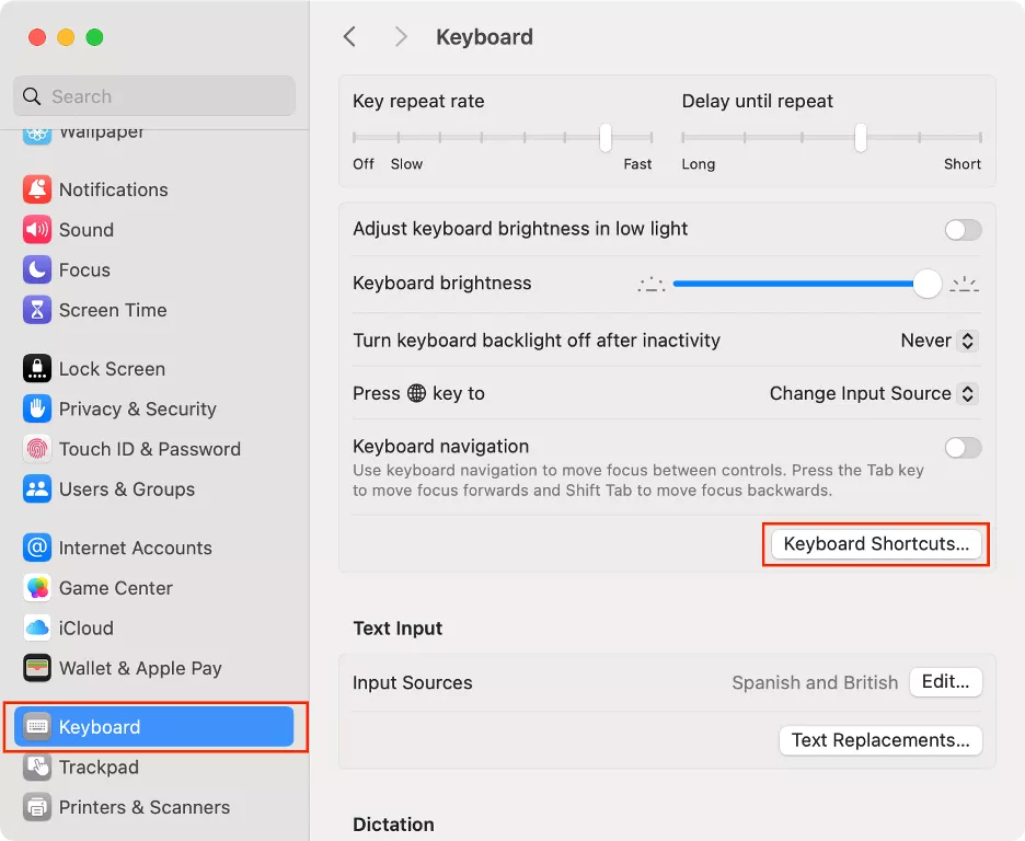 In System Settings, choose the Keyboard option from the sidebar. Select Keyboard Shortcuts to fix function keys not working on Mac.