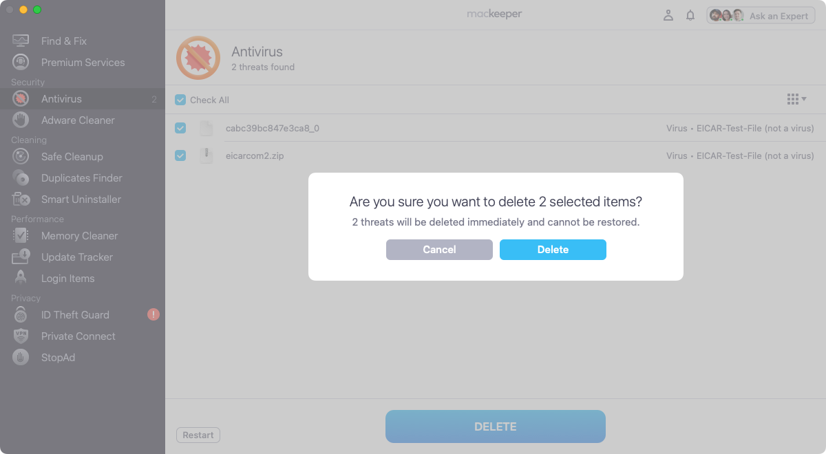 Finally, MacKeeper will ask you to confirm that you want to remove the suspicious files from your Mac. If you're sure you do, click the 'Delete' button.