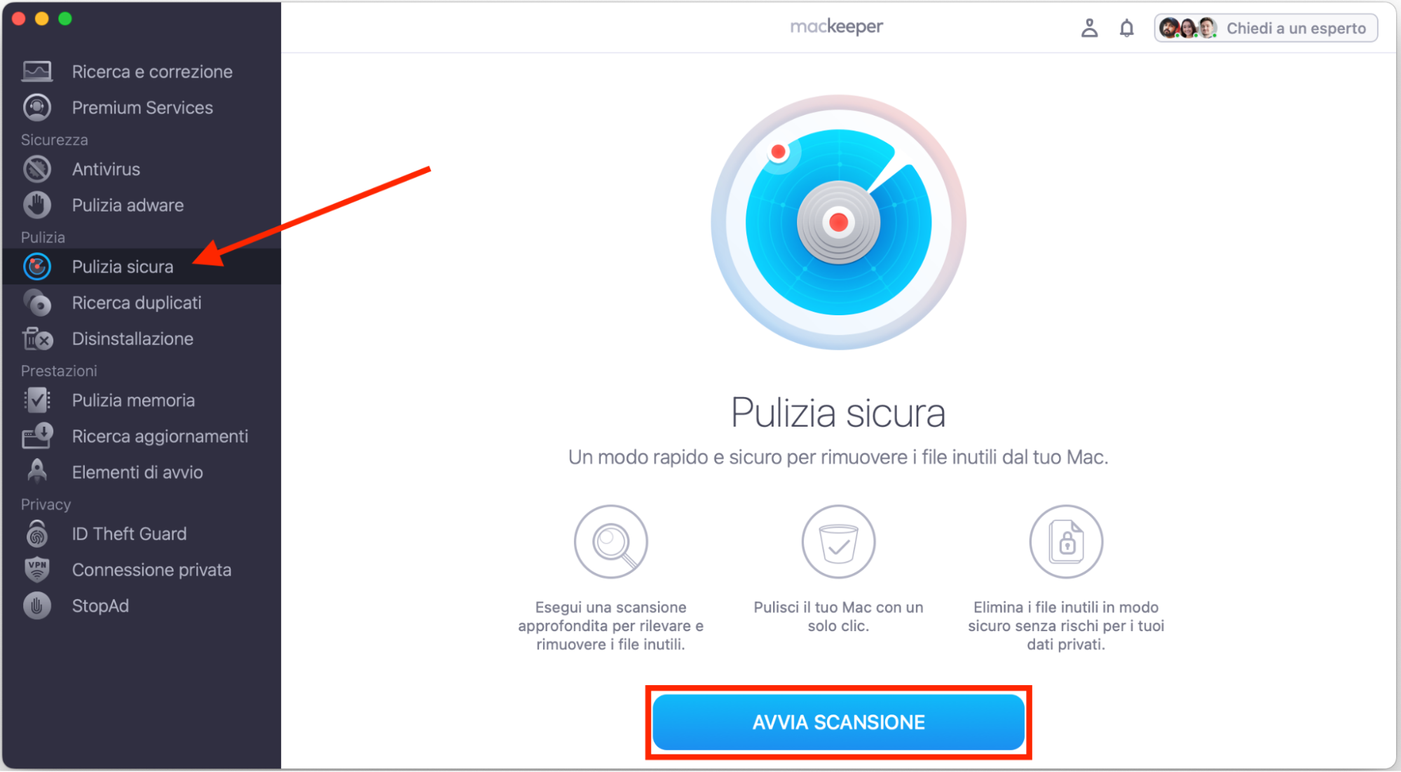 Per eliminare i file in modo sicuro sul tuo Mac, apri MacKeeper e vai su Pulizia Sicura. Qui puoi avviare una scansione e cercare i file da eliminare