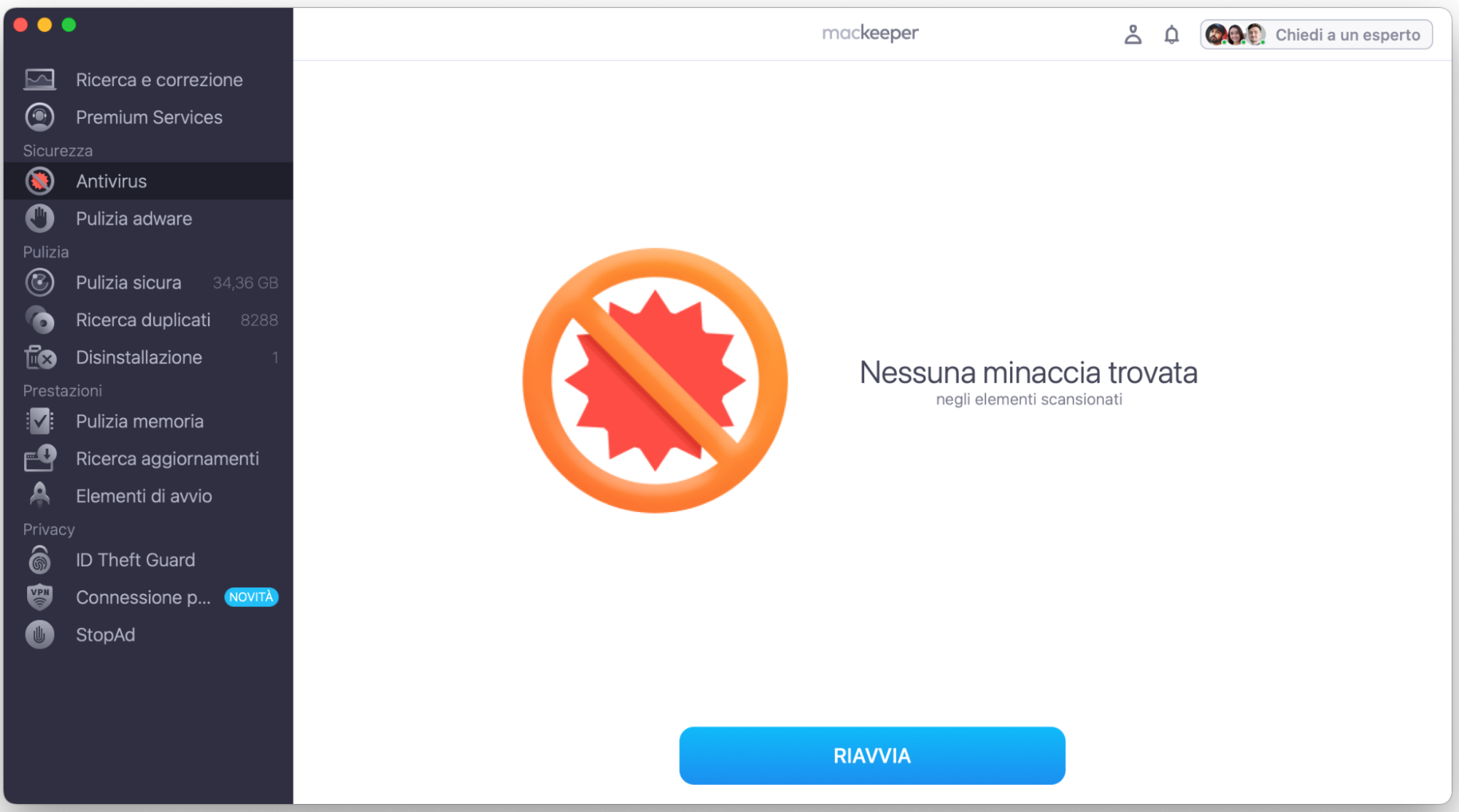 Se durante la scansione vengono rilevate delle minacce, l’Antivirus di MacKeeper le elencherà. Eliminale dal tuo Mac oppure spostale in quarantena seguendo le istruzioni a schermo.
