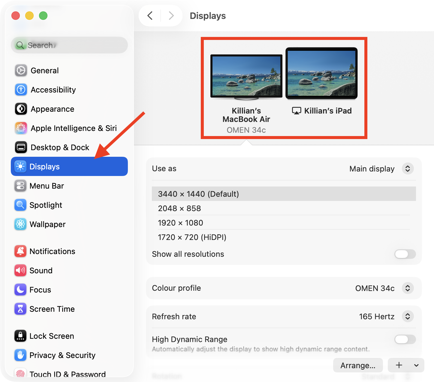 The Displays menu within System Settings on Mac. You can go here to see all the displays recognized by macOS when HDMI is not working on your Mac.