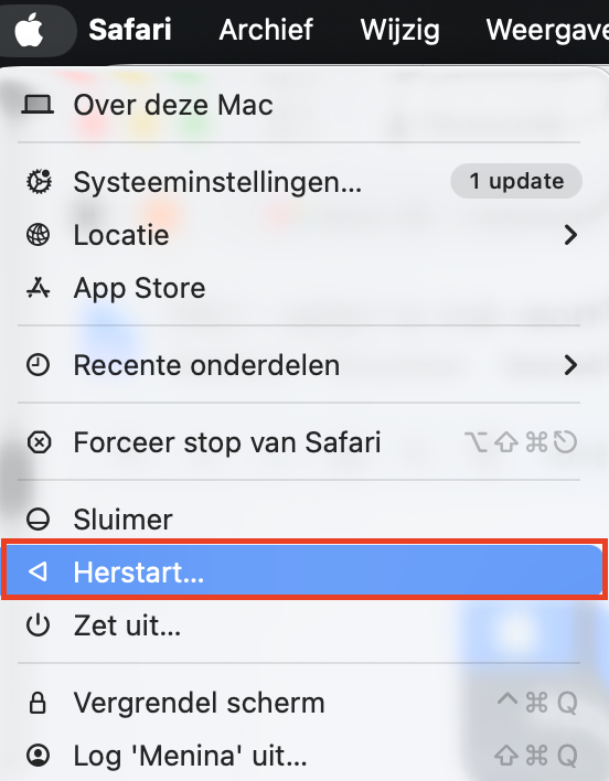 Klik linksboven in je scherm op het Apple-logo om je Mac-computer opnieuw op te starten. Bevestig het opnieuw opstarten.