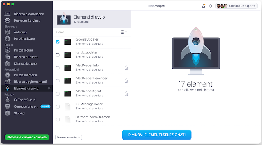 Dopo la scansione del tuo Mac, MacKeeper ti mostrerà un elenco degli elementi di avvio attivi sul dispositivo. Qui puoi selezionare i processi e le app che non vuoi più aprire all’accensione del Mac cliccando su Rimuovi elementi selezionati.