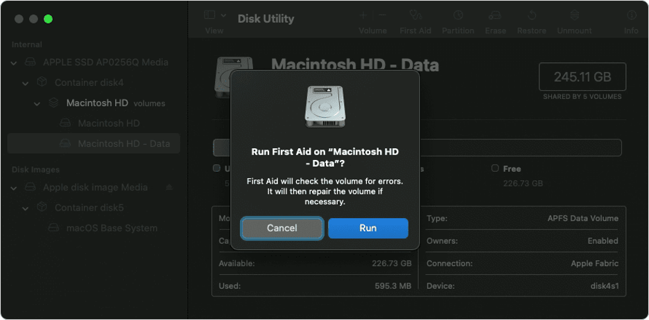 To fix the installer information on the recovery server is damaged error on your Mac using Disk Utility, click First Aid, then confirm by clicking Run.