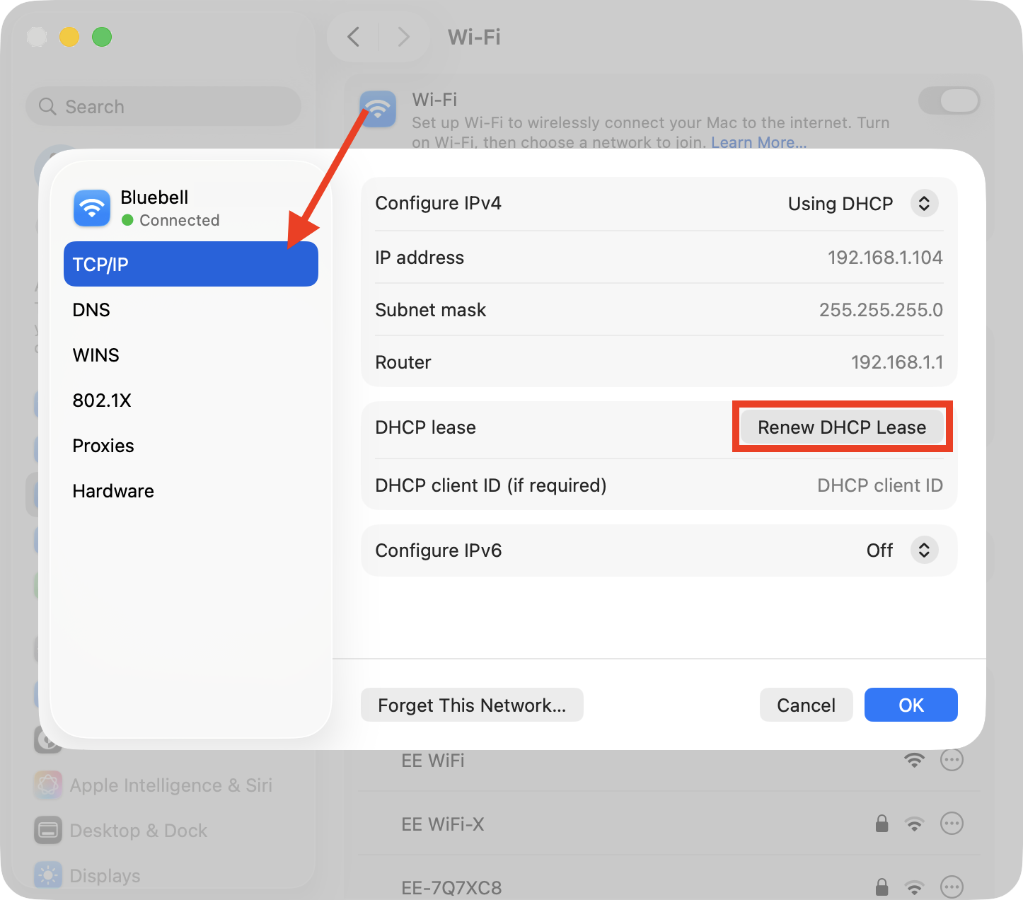The option to Renew DHCP Lease in the Network menu on Mac. Select this option to resolve connection settings that can cause the NSURLErrorDomain error -1012 message.