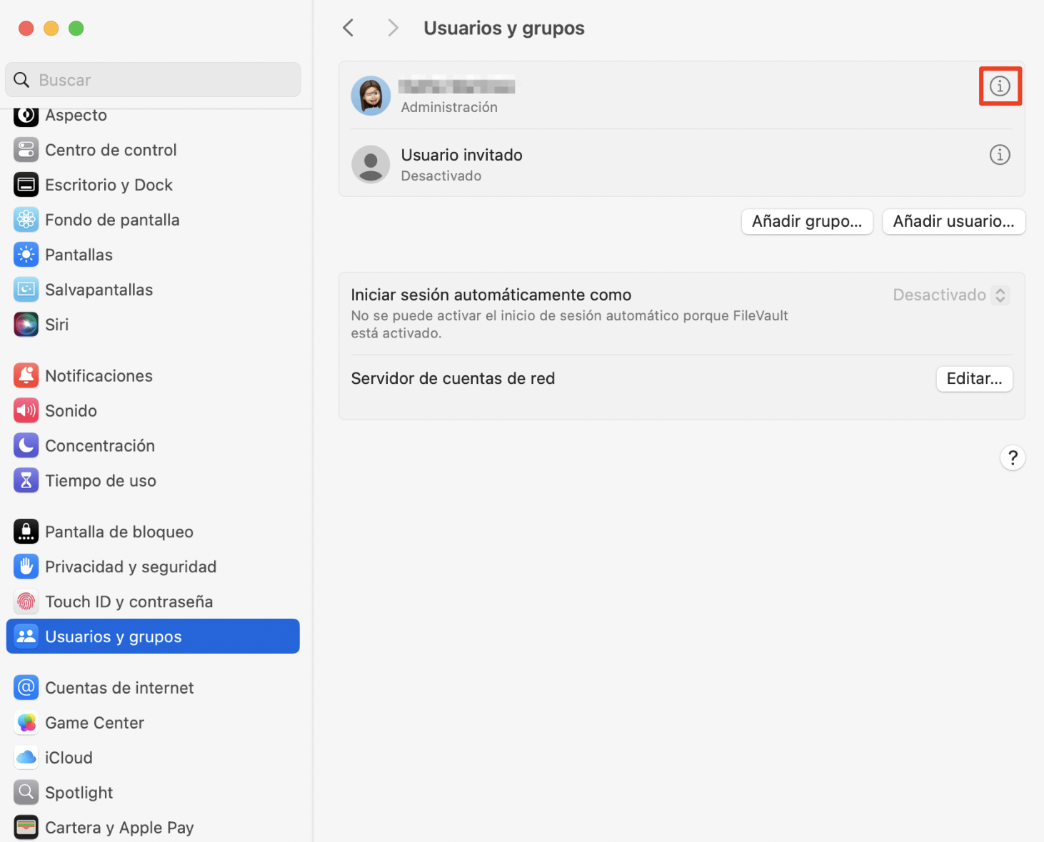 Usuarios y Grupos Configuración del sistema en un Mac, con un símbolo de información resaltado. Cómo arreglar servicio de cuentas quiere usar el llavero de inicio de sesión.