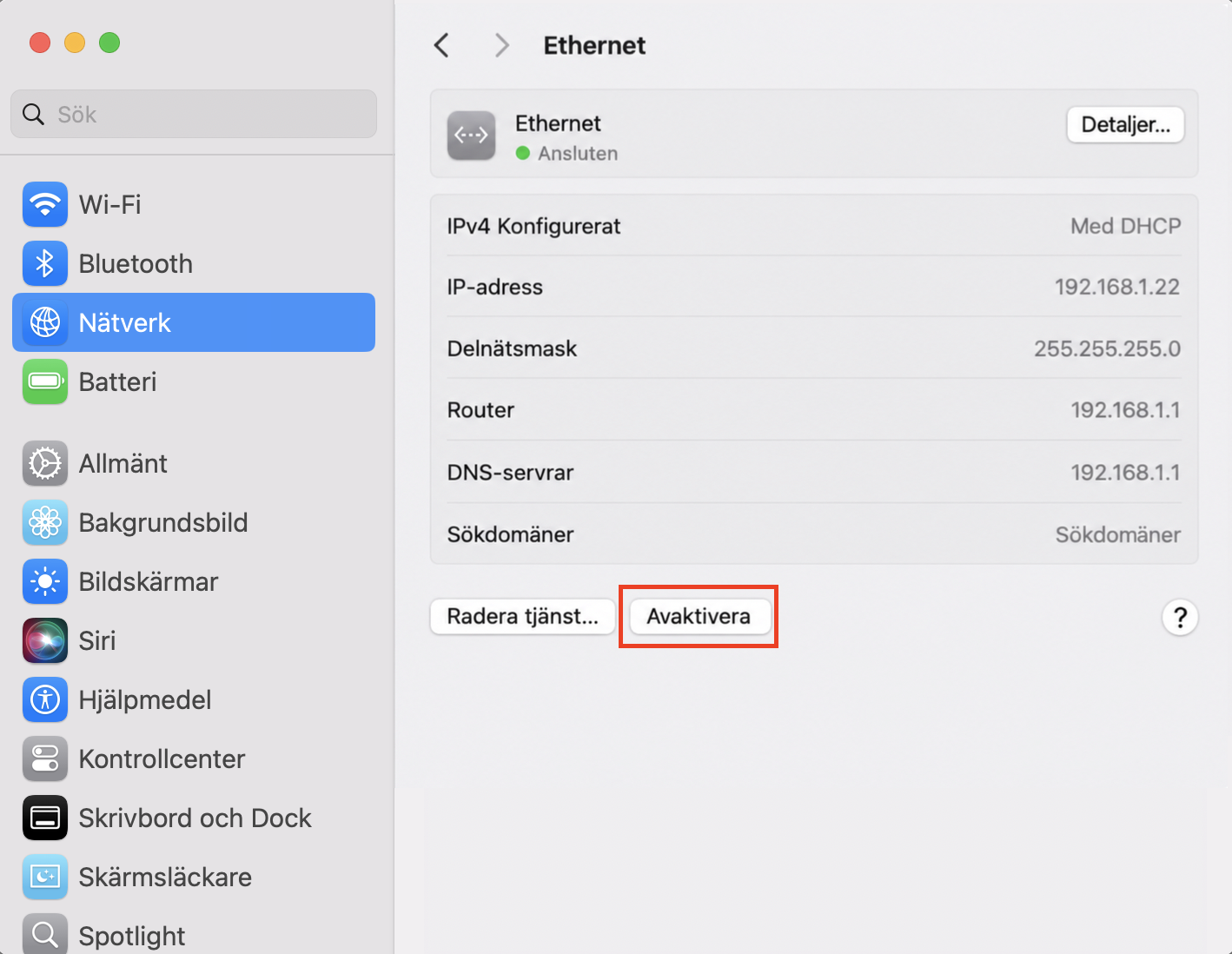 Att stänga av Ethernet är lika enkelt som att klicka på knappen ‘Avaktivera’. För att återställa processen klickar du bara på knappen en gång till. Då ansluts Ethernet automatiskt igen.
