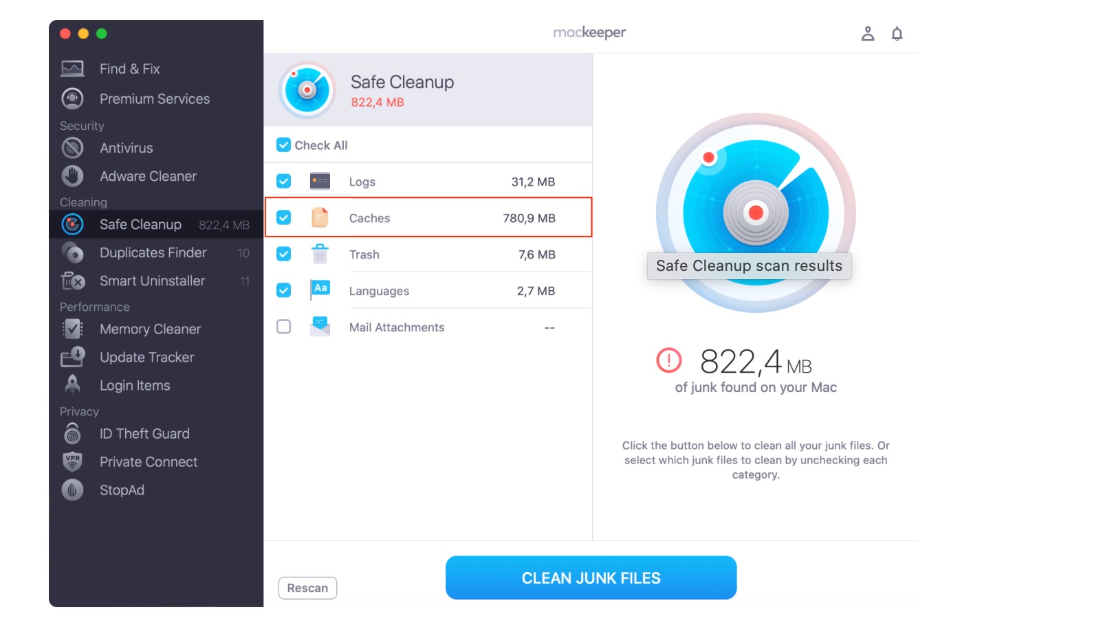 When the results are back on your device, tick the box next to Caches. You'll then need to go to Clean Junk Files to commence with removing everything from your Mac Monterey.