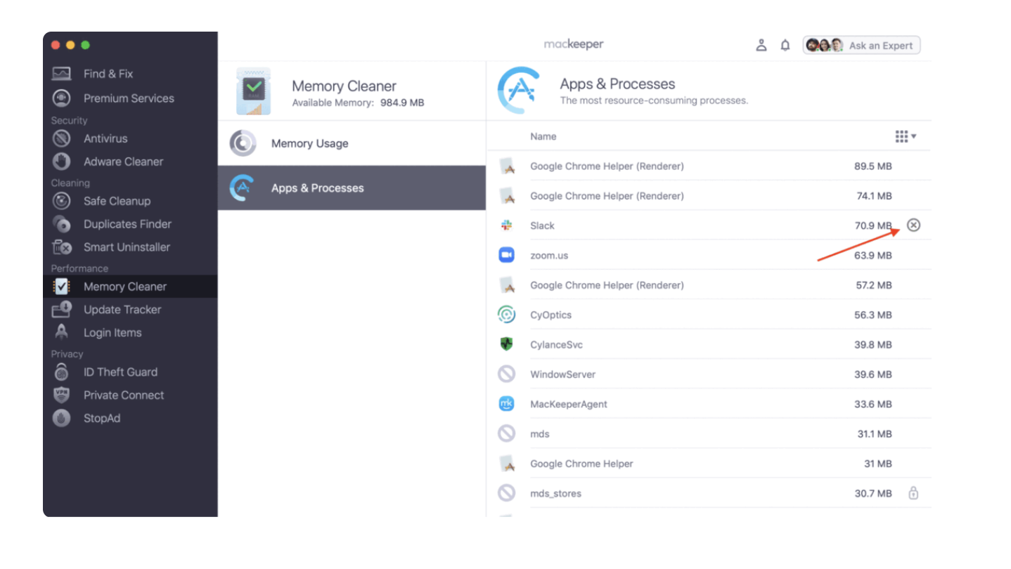 Start optimizing for mds_stores by going to Performance > Memory Cleaner in MacKeeper. Here, you can select Apps & Processes and quit each process you don't want to use.