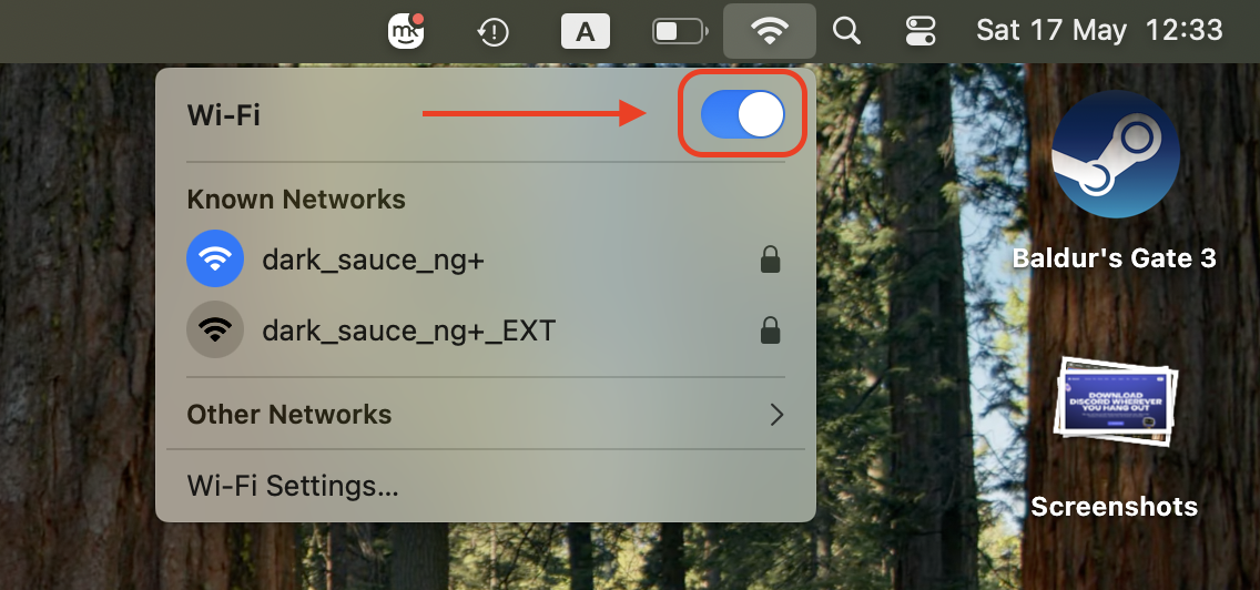 Click the Wi-Fi icon in your Mac’s menu bar, disconnect from your current network, then reconnect to refresh the connection and fix loading issues.