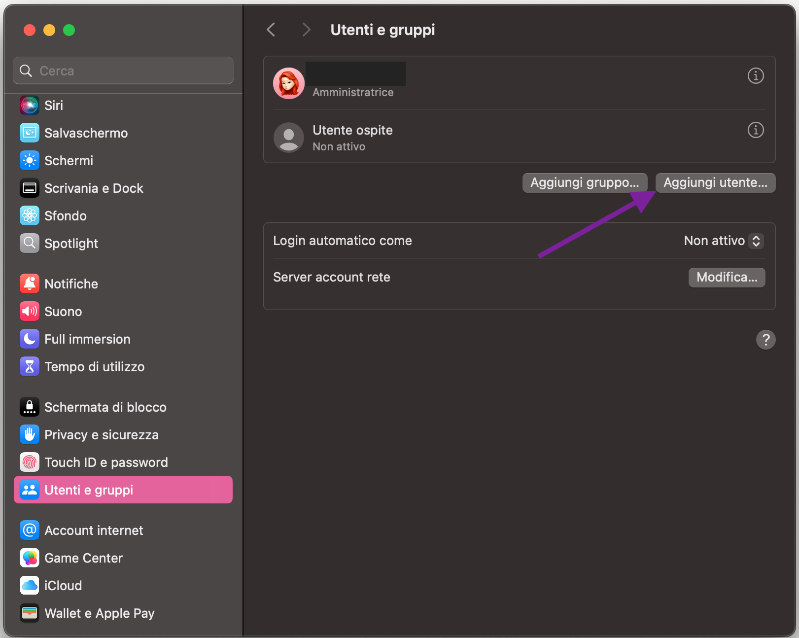In Impostazioni di Sistema, scorri il pannello a sinistra finché non trovi Utenti e gruppi, poi fai clic. A destra vedrai il pulsante Aggiungi utente, che consente all’amministratore del Mac di aggiungere altri utenti al dispositivo.