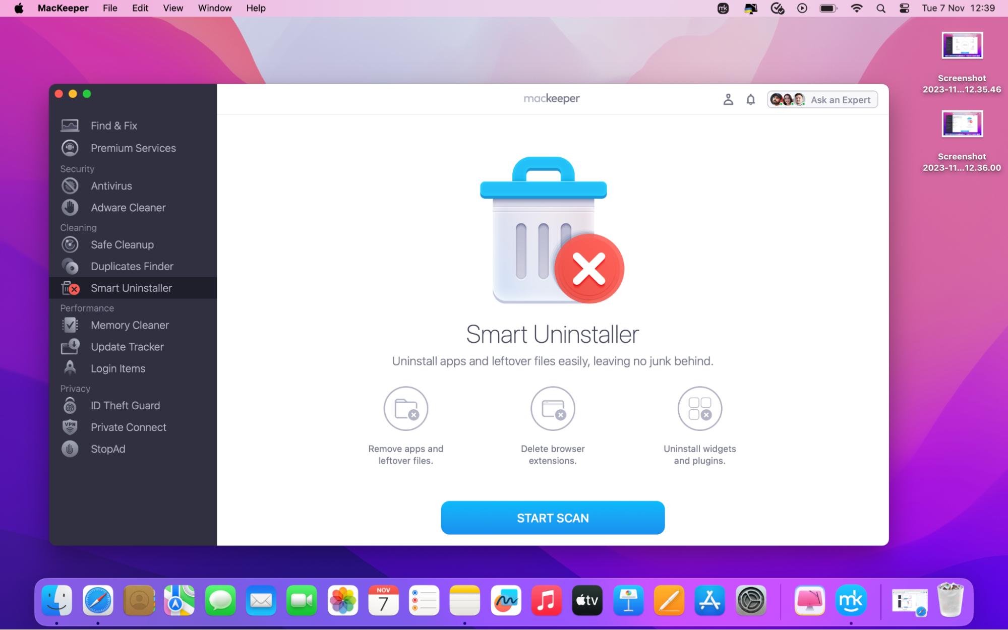In the MacKeeper app, navigate to the left sidebar and choose the Smart Uninstaller tool for a seamless CleanMyMac removal. Click Start Scan to begin the uninstallation process to remove CleanMyMac from your device.