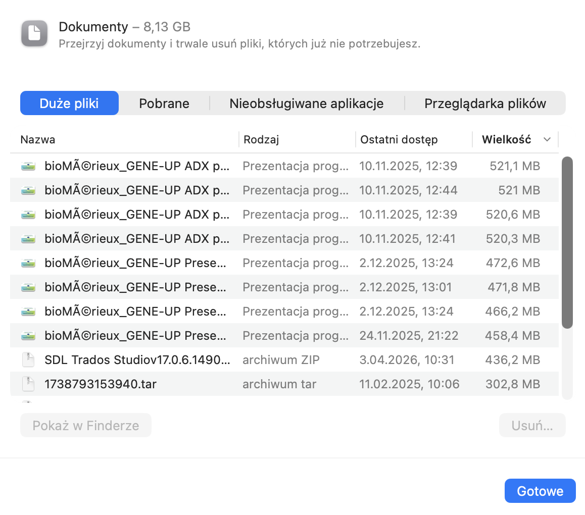 Kliknij przycisk informacji obok Dokumenty w ustawieniach pamięci, aby zobaczyć duże pliki