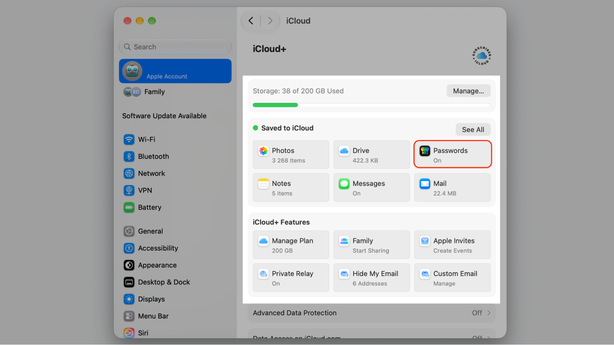 The iCloud settings pane in macOS System Settings on a MacBook, selecting Passwords to turn on iCloud Keychain syncing for your logins.
