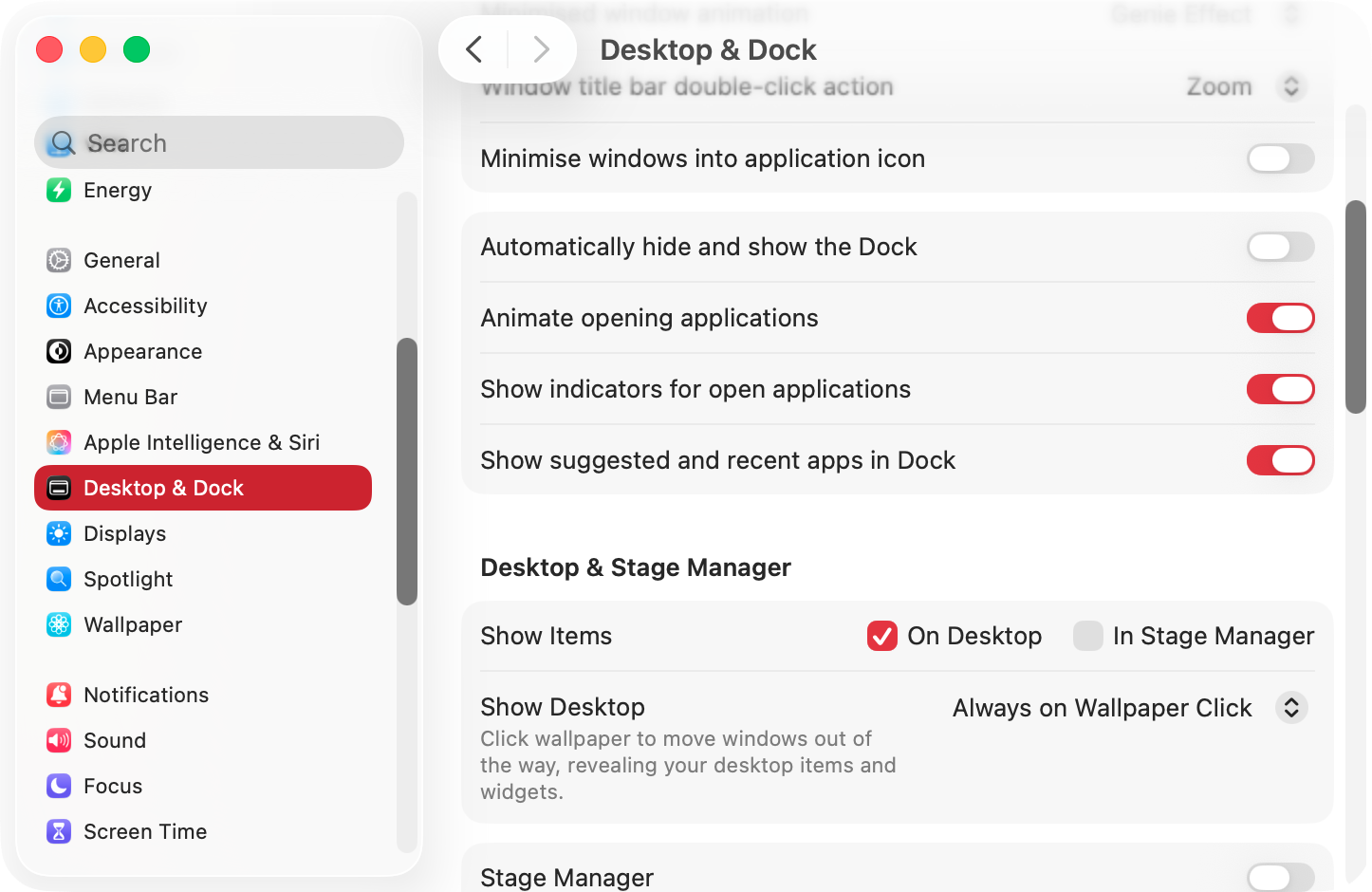 Once you're in System Settings, use the sidebar on the left to select 'Desktop & Dock'. Then scroll down the list of options, until you see the 'Desktop & Stage Manager' section. Untick Show Items > On Desktop.