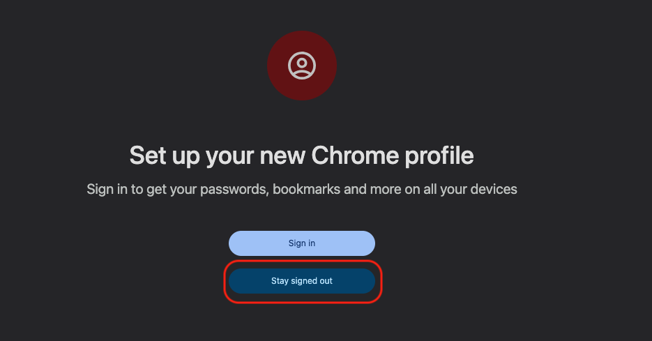 The Chrome new profile setup on a MacBook, completed without signing in to test whether the fresh profile stops crashing on Mac.