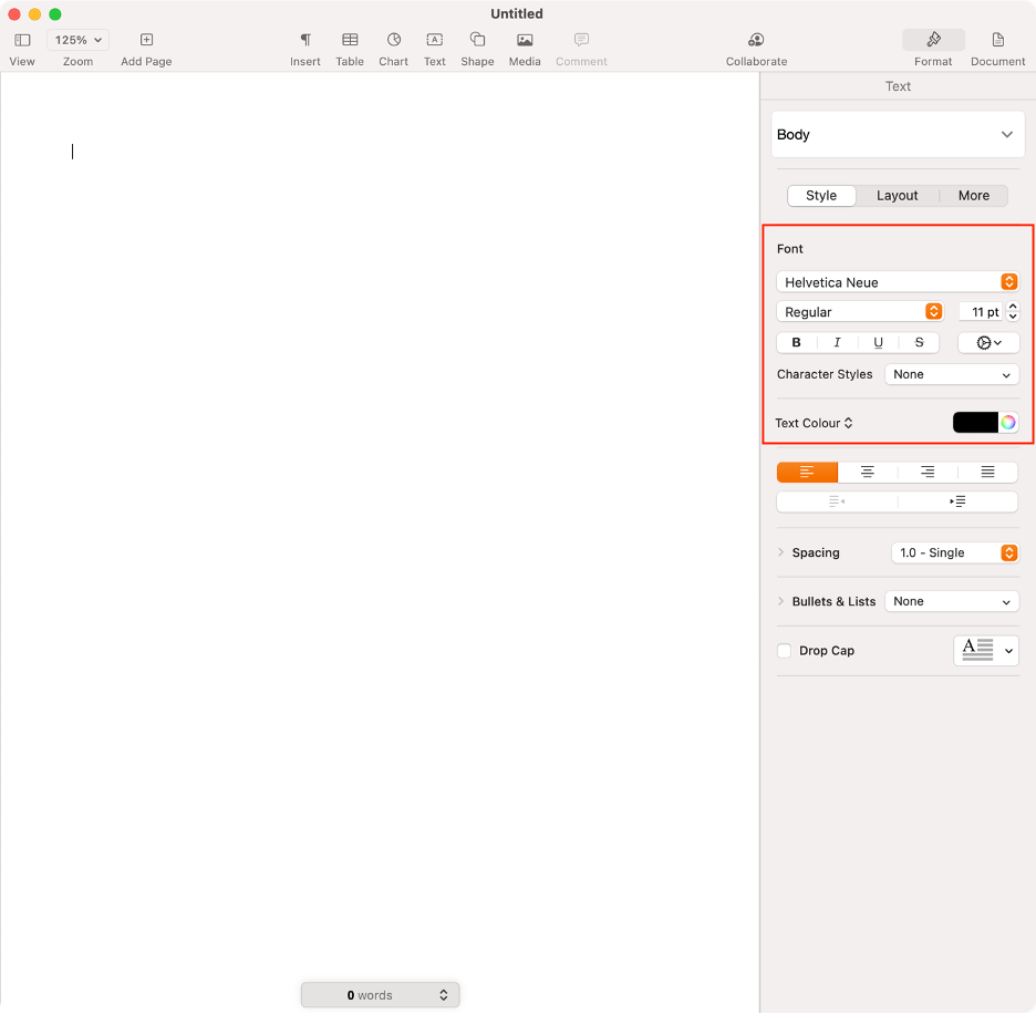 To format a document using Pages on Mac, find the formatting options in the right sidebar.