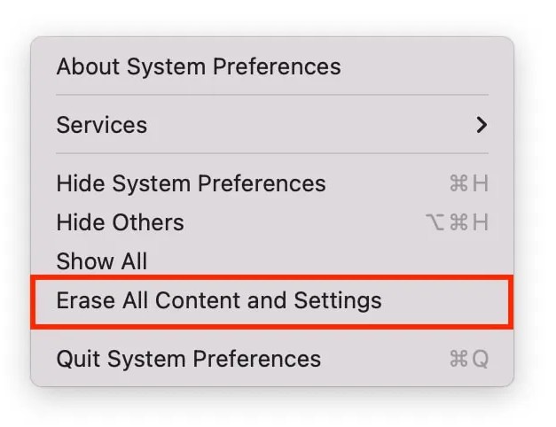 System Preferences menu bar item on macOS Monterey with Erase All Content and Settings selected to factory reset an Apple computer.