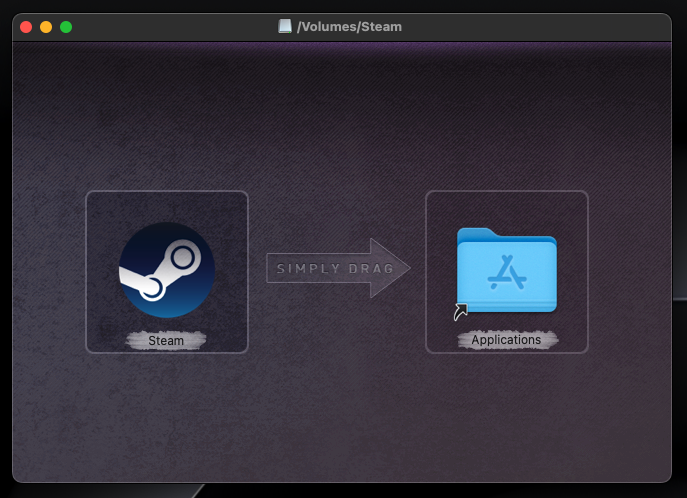 Steam-Installationsfenster unter macOS, in dem Benutzer aufgefordert werden, Steam in den Programme-Ordner zu ziehen.