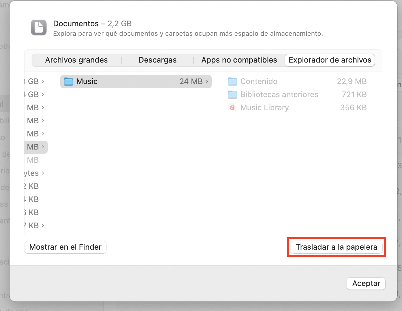 Para optimizar el almacenamiento de tu Mac, utiliza el Navegador de Archivos. Navega hasta la pestaña Documentos como se ha descrito anteriormente y selecciona Explorador de archivos. Elige los que quieras eliminar y haz clic en Mover a la papelera en la esquina inferior derecha.