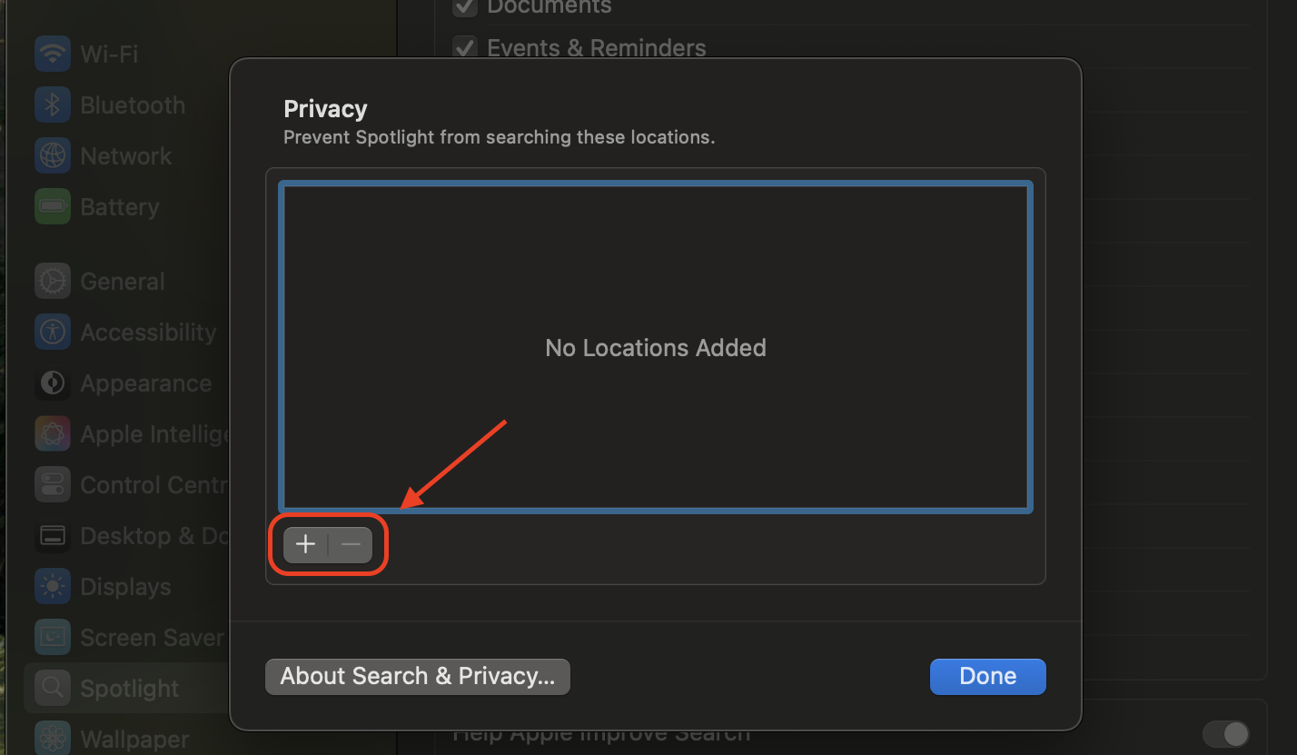 Add unnecessary folders to the Search Privacy list in Spotlight settings to exclude them from indexing and improve search efficiency on your Mac.
