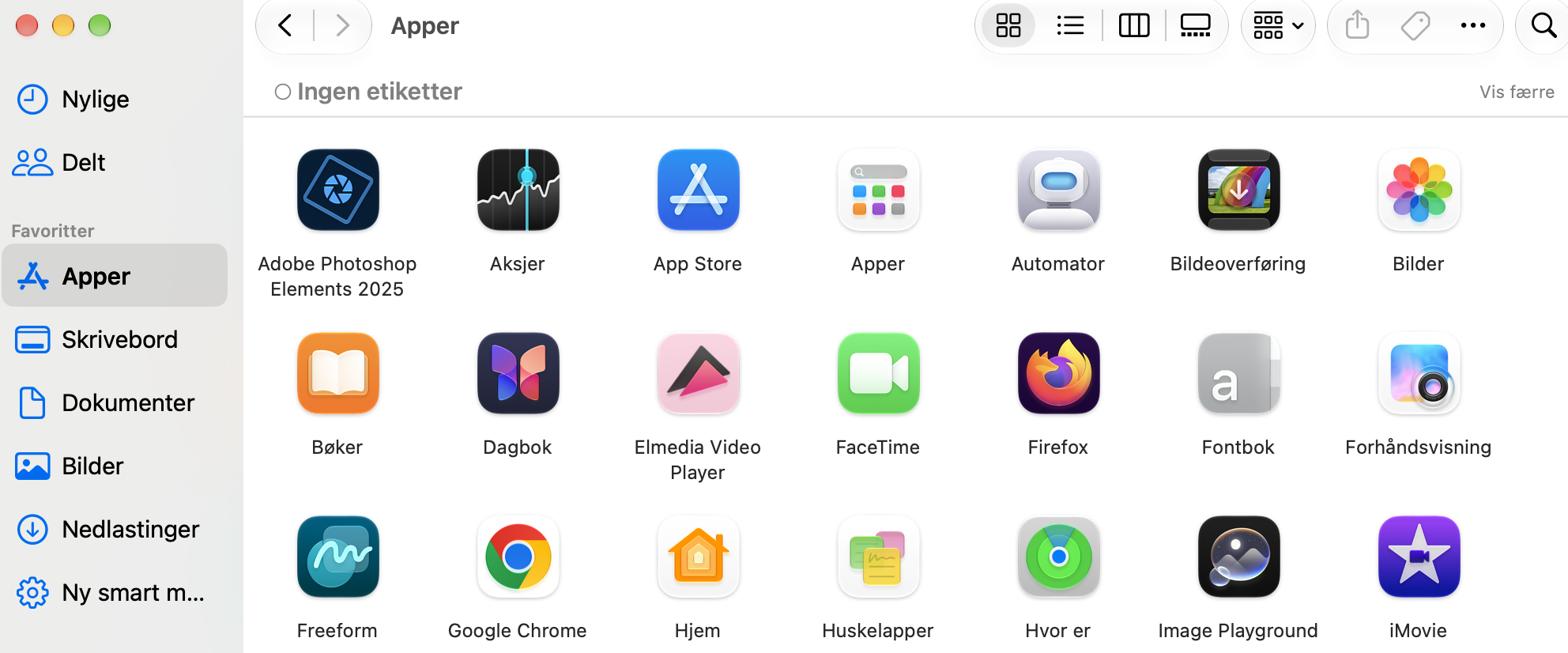 Mappen Apper på Mac som viser ikoner for alle installerte apper og spill. Fjern all programvare du ikke lenger bruker, for å frigjøre plass på oppstartsdisken til Macen.
