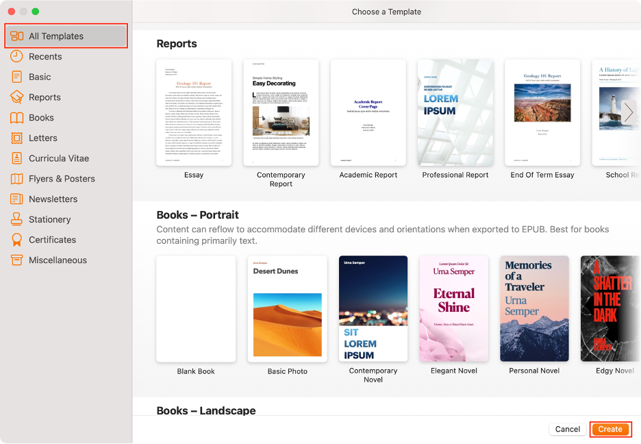 To create a template document, open Pages on your Mac, go to the All Templates section, select your preferred template, then click Create.