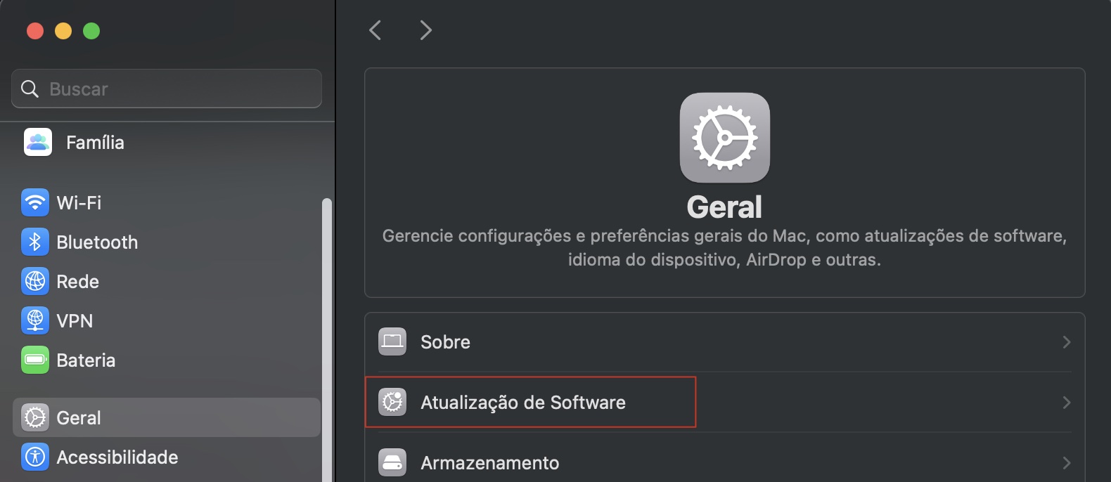 Para usar a versão mais recente do Safari, vá em Geral e depois clique em Atualização de Software no seu Mac.