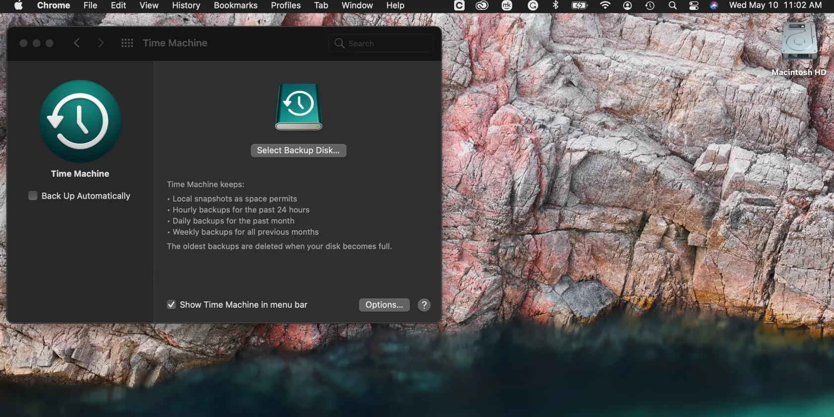 Time Machine is opened on a Mac. Choose a backup option to back up and protect your data before factory resetting macOS Monterey.