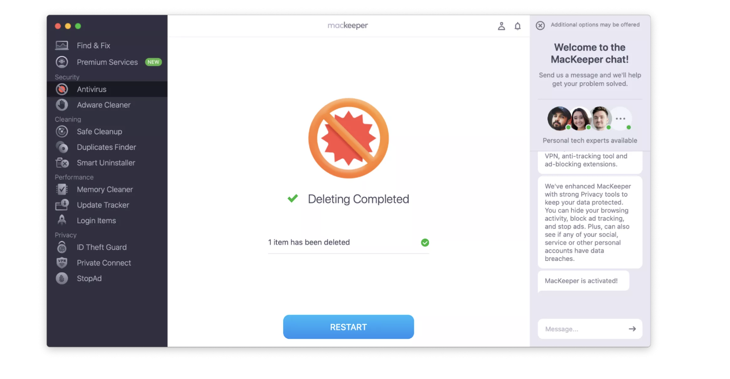 MacKeeper will work on deleting any viruses you've quarantined. After waiting for that, you can select Restart. This will close the MacKeeper app and reopen it.