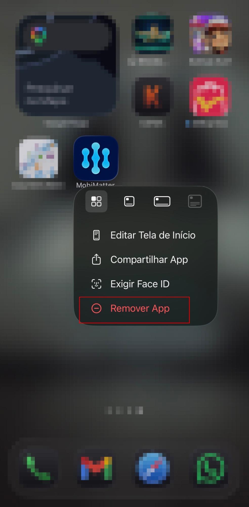 A Biblioteca de Apps no iPhone e iPad mostrando um aplicativo sendo excluído. Toque e segure um aplicativo que parece suspeito, depois selecione Remover App para desinstalá-lo.