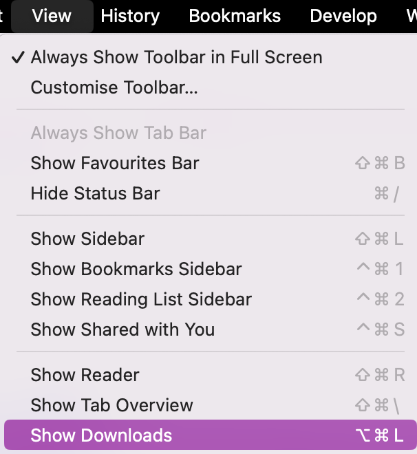 In case the downwards arrow is greyed out, you can click on View and then scroll down until you see Show Downloads. Once you click on it, you’ll see the same pop-up in the right-hand corner of your browser screen with recent downloads.