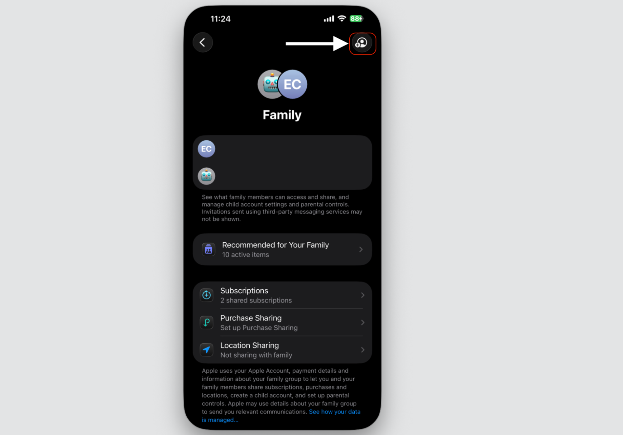 Family screen in iPhone Settings with the add-member icon highlighted at the top right to invite people and share iCloud storage.