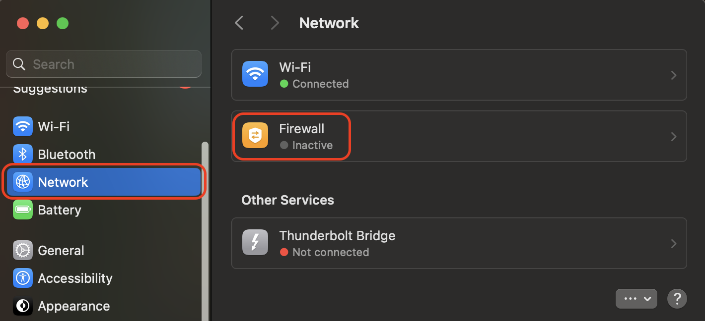 Open System Settings, go to Network in the sidebar, and select Firewall to review its status and adjust security options for your Mac's incoming connections.
