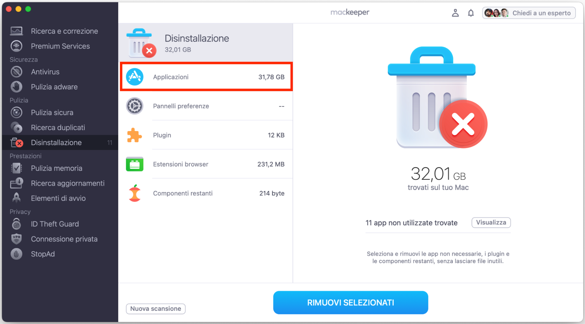La Disinstallazione di MacKeeper, dopo aver eseguito una scansione. Applicazioni è evidenziato. Come rimuovere app, come parte della guida su come bloccare i falsi pop-up McAfee su Mac.