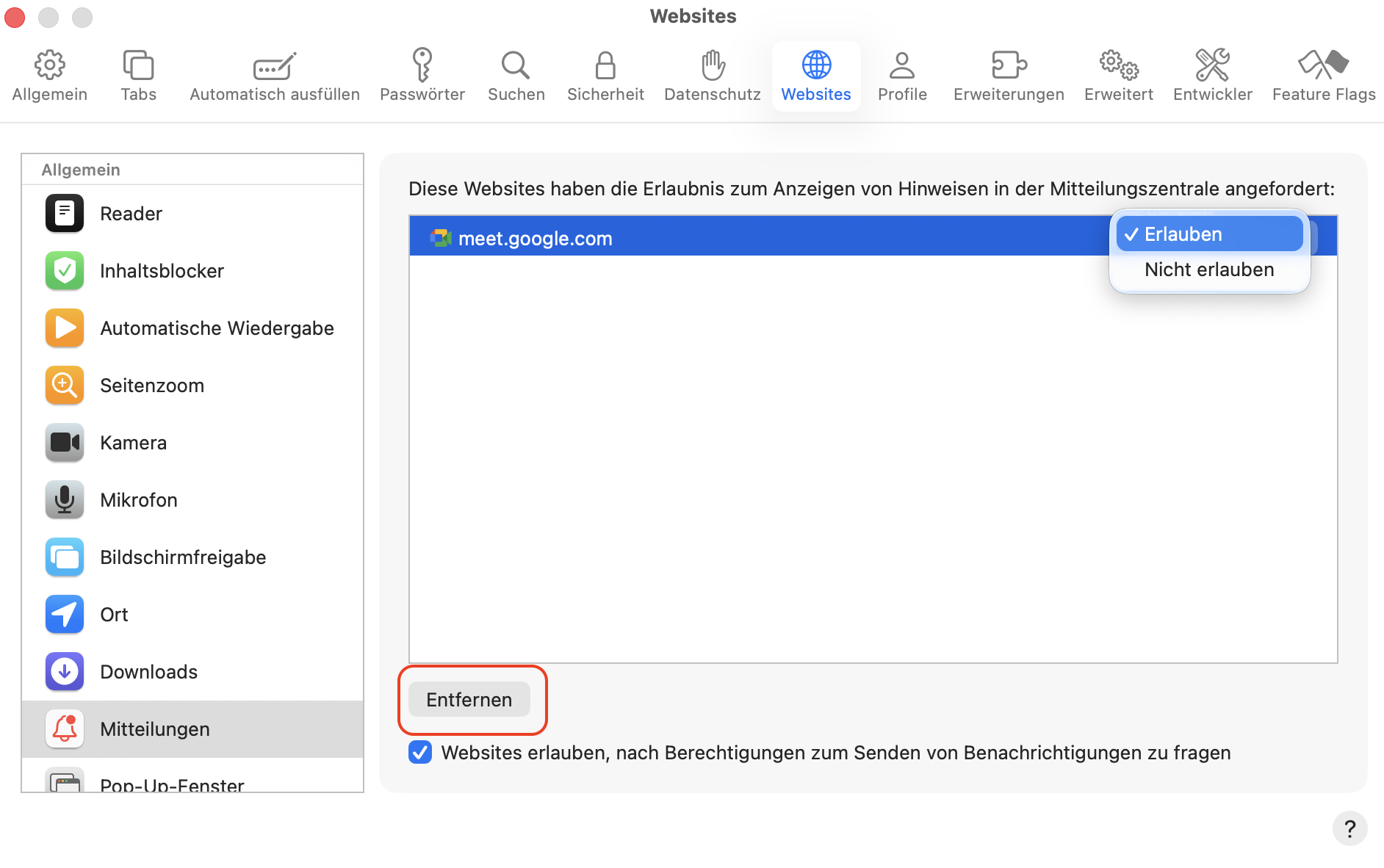 Einstellungen in Safari mit ausgewählter Option für Benachrichtigungen. Eine Website ist ausgewählt und Entfernen ist hervorgehoben. FAQ zu gefälschten McAfee-Pop-ups auf dem Mac.