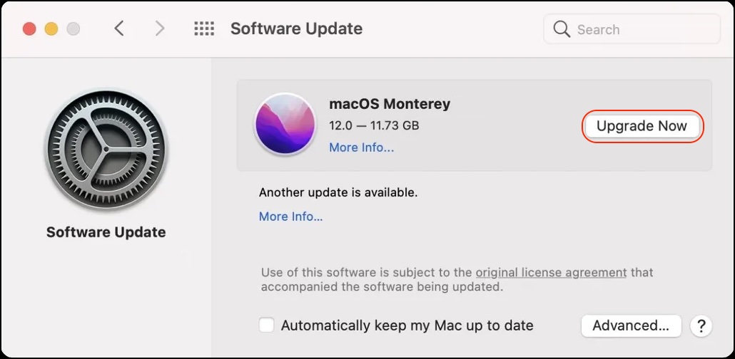 A macOS Monterey update in the Software Update app on Mac. If macOS Monterey cannot be installed on Macintosh HD, try disabling your firewall temporarily and then downloading the update again.